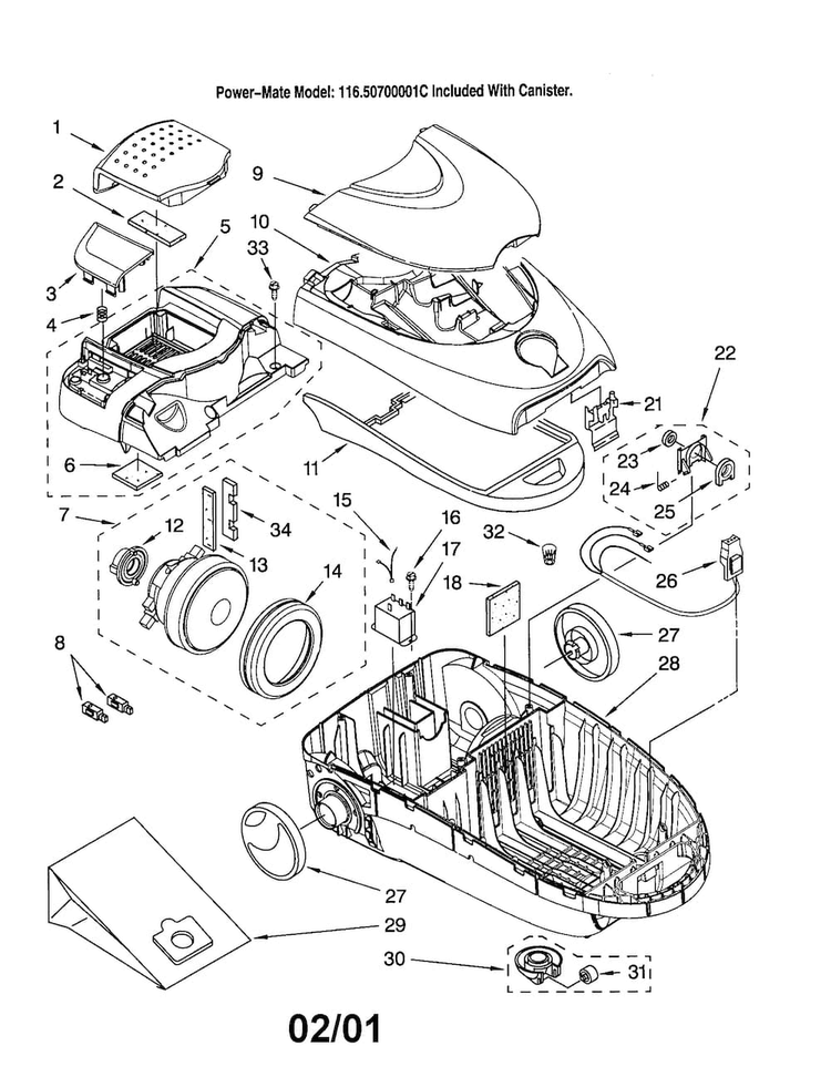 Vacuum Cleaner Diagram and Parts List for 11620700001C  Kenmore Canister Vacuum