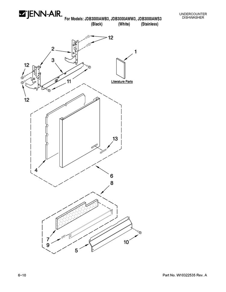 Door And Panel Parts Diagram and Parts List for JDB3000AWB3  Jenn-Air Dishwasher