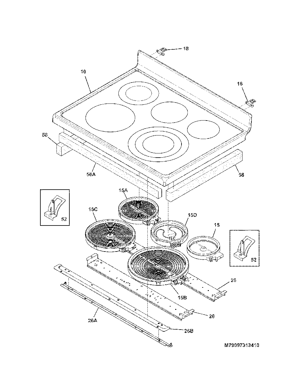 Main Top Diagram and Parts List for 79097312412  Kenmore Range