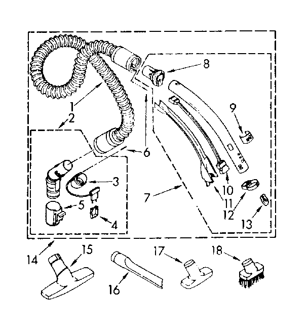 Hose And Attachment Parts Diagram and Parts List for 1162543084  Kenmore Canister Vacuum
