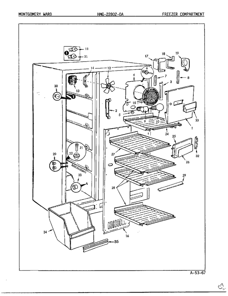 Freezer Compartment Diagram and Parts List for 22802-A  Admiral Refrigerator