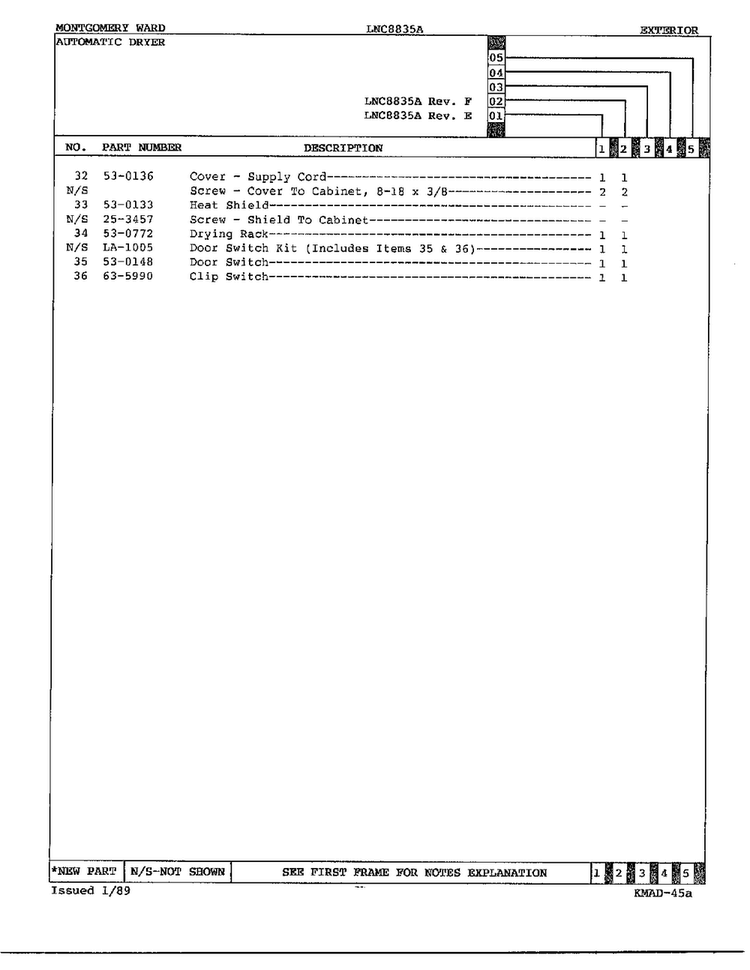 Gas Dryer Exterior Assembly Page 5 Diagram and Parts List for 8835A  Norge Dryer