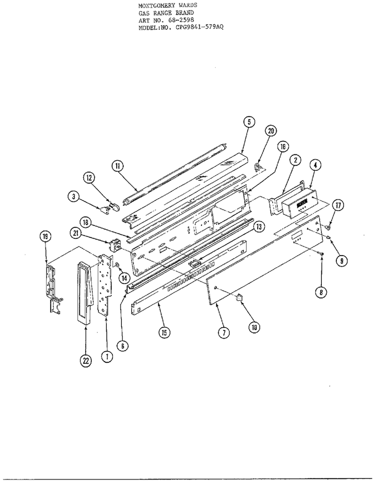 Gas Range Backguard Diagram and Parts List for 68-2598  Hardwick Range