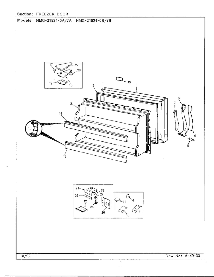 Freezer Door Diagram and Parts List for 21924-7A  Admiral Refrigerator
