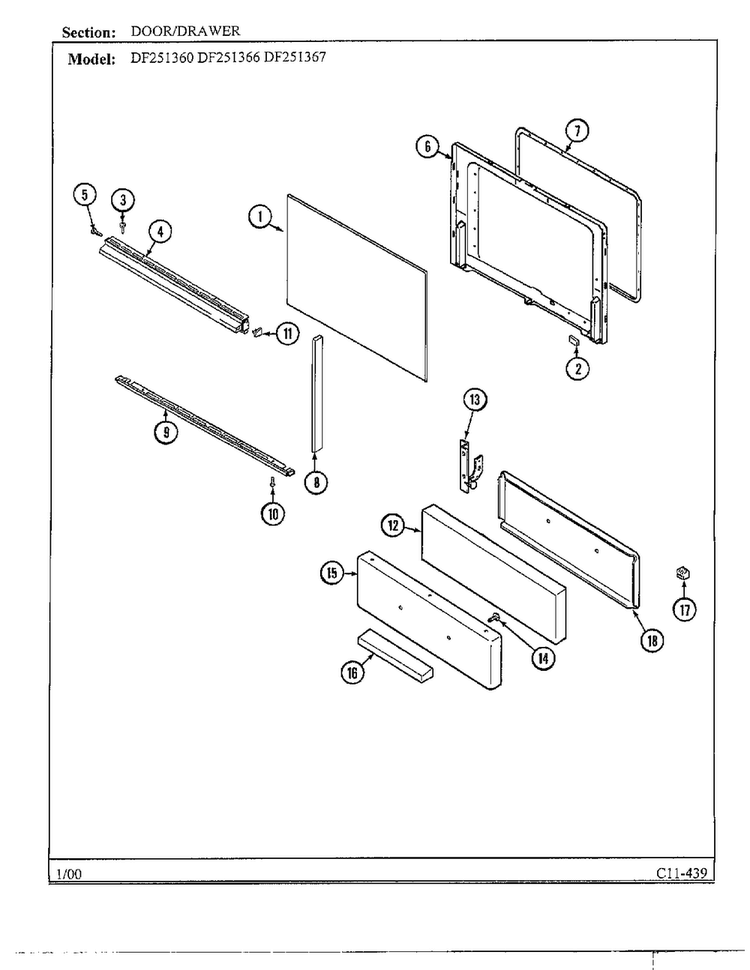 Door/drawer Diagram and Parts List for DF251360  Magic Chef Range
