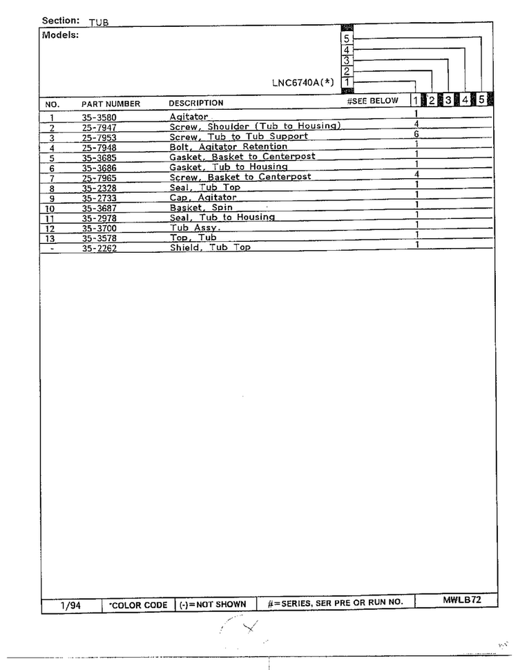 Tub Page 2 Diagram and Parts List for 6740A  Norge Washer