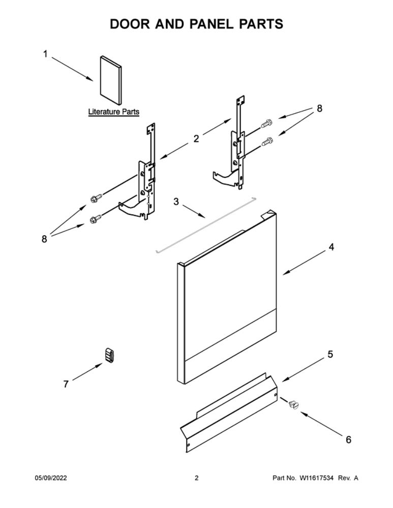 Door And Panel Parts Diagram and Parts List for ADB1400AGS2  Amana Dishwasher