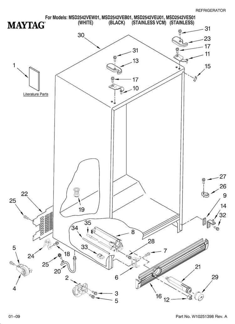 Cabinet Parts Diagram and Parts List for MSD2542VEU01  Maytag Refrigerator