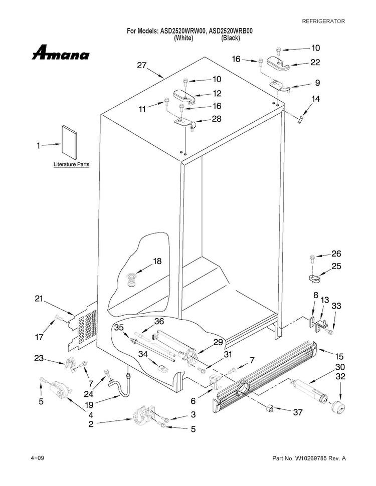 Cabinet Parts Diagram and Parts List for ASD2520WRW00  Amana Refrigerator