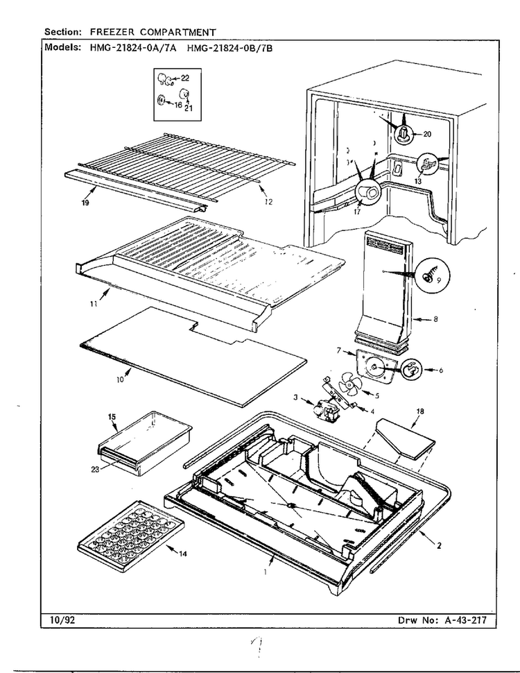Freezer Compartment Diagram and Parts List for 21824-0A  Admiral Refrigerator