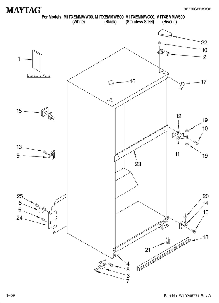 Cabinet Parts Diagram and Parts List for M1TXEMMWB00  Maytag Refrigerator