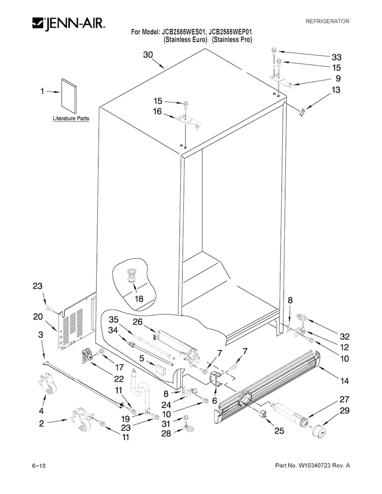 Cabinet Parts Diagram and Parts List for JCB2585WES01  Jenn-Air Refrigerator