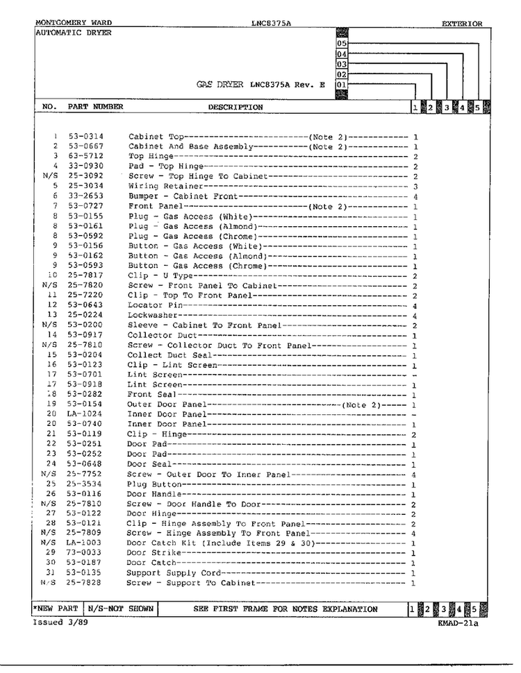 Gas Dryer/ Exterior Page 2 Diagram and Parts List for 8375A REV E Norge Dryer
