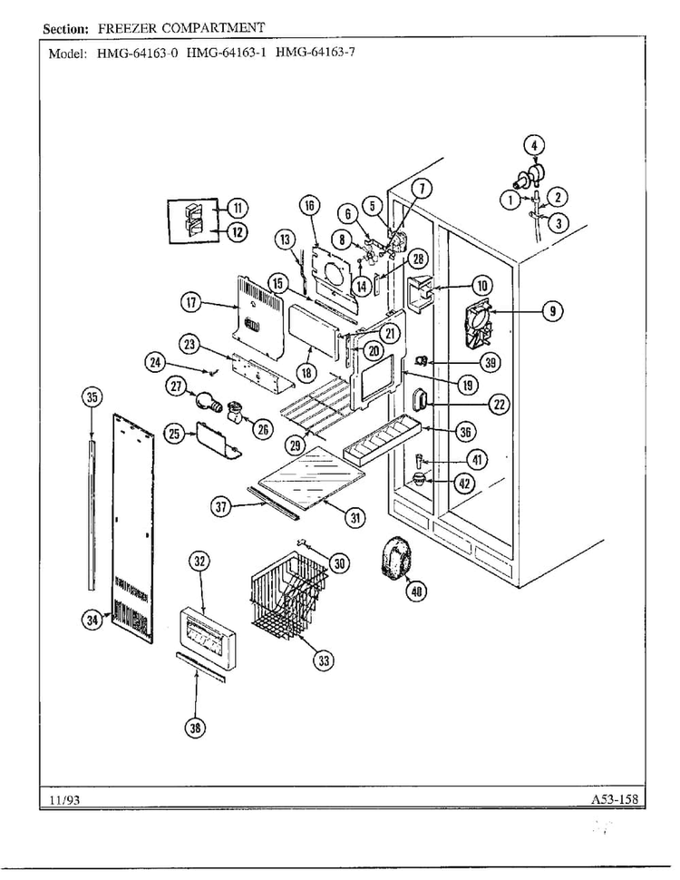 Freezer Compartment Diagram and Parts List for 64163-0A  Admiral Refrigerator