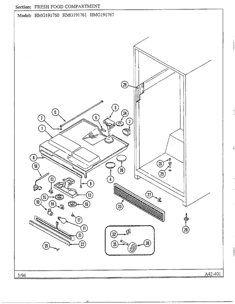 Fresh Food Compartment Diagram and Parts List for HMG191760  Admiral Refrigerator