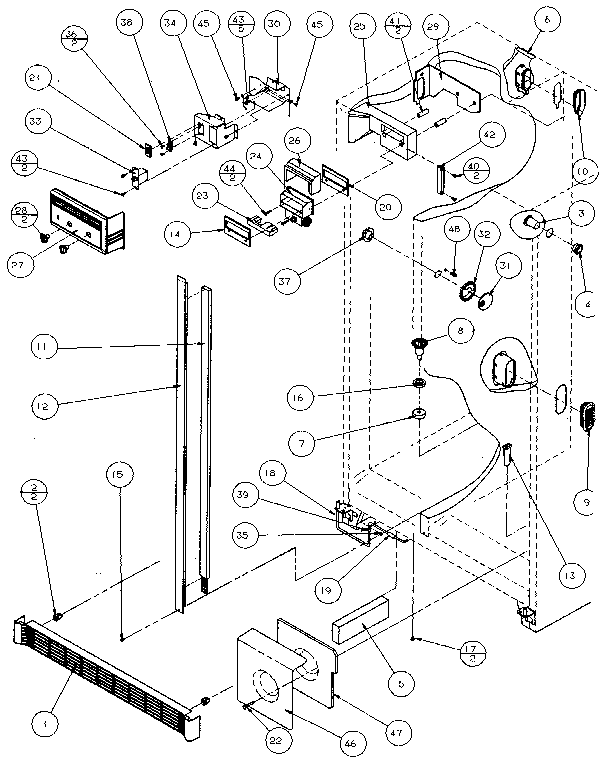 Refrigerator, Freezer Controls & Cabinet Diagram and Parts List for 36541-P1121702W  Amana Refrigerator