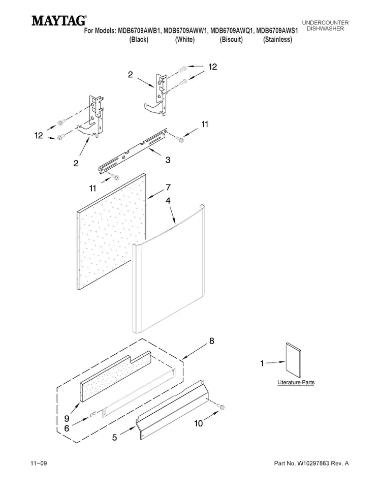 Door And Panel Parts Diagram and Parts List for MDB6709AWB1  Maytag Dishwasher