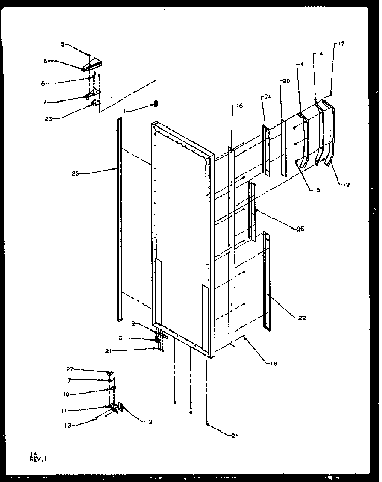 Refrigerator Door Hinge And Trim Parts Diagram and Parts List for SZD25N2E-P1162431WE  Amana Refrigerator