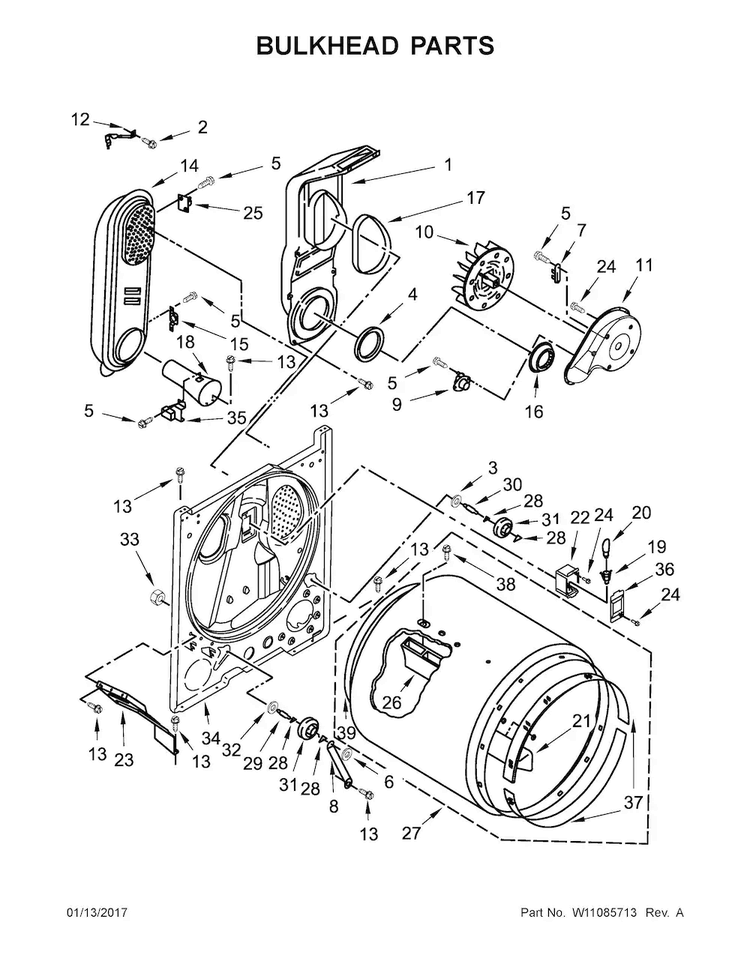 Bulkhead Parts Diagram and Parts List for CGD7006GW0  Crosley Dryer