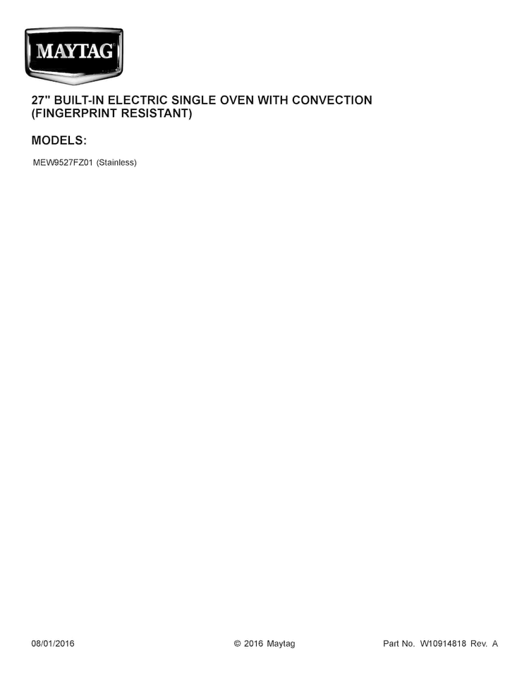 Cover Sheet Diagram and Parts List for MEW9527FZ01  Maytag Wall Oven
