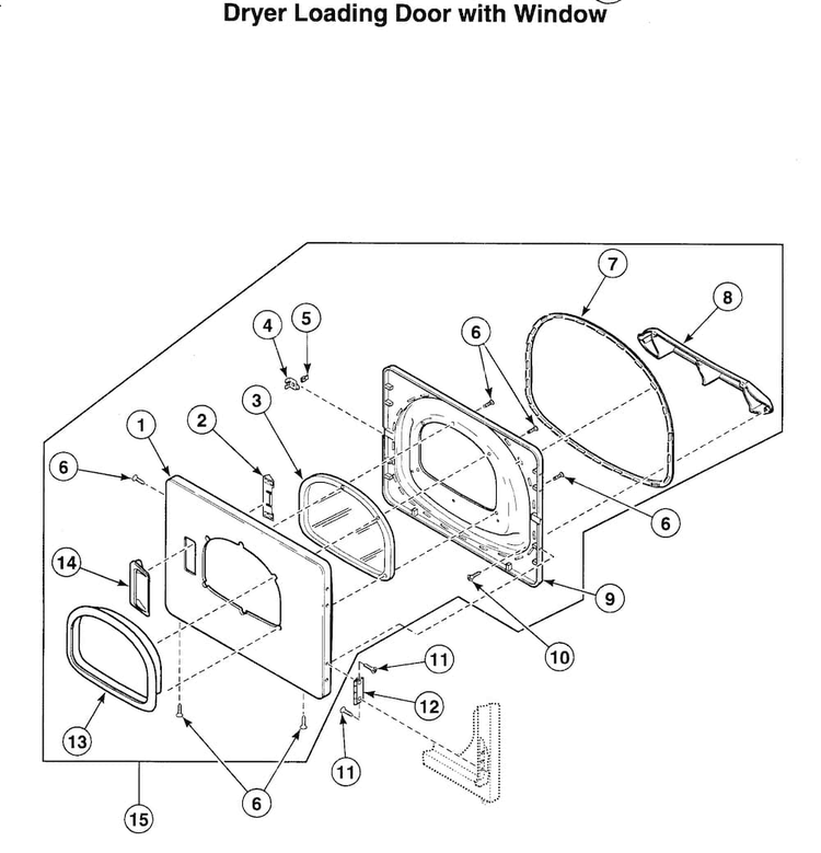 Dryer Door Asy Diagram and Parts List for LTUA7AWN  Speed Queen Washer Dryer Combo