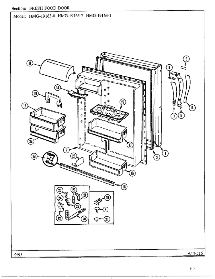 Fresh Food Door Diagram and Parts List for 19163-0A  Admiral Refrigerator
