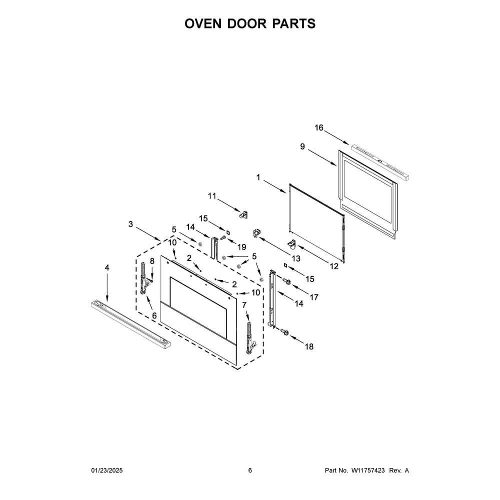 Oven Door Parts Diagram and Parts List for JOECC530RM00  Jenn-Air Microwave Oven Combo