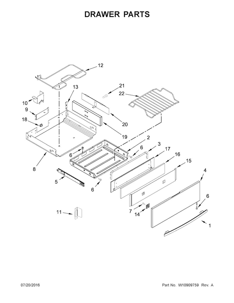 Drawer Parts Diagram and Parts List for JGS1450DB1  Jenn-Air Range
