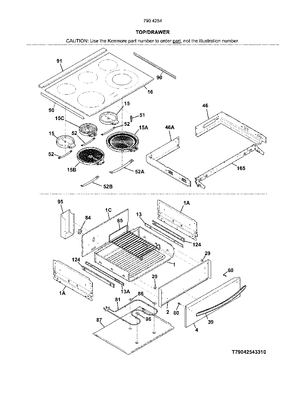 Top/Drawer Diagram and Parts List for 79042543319  Kenmore Range