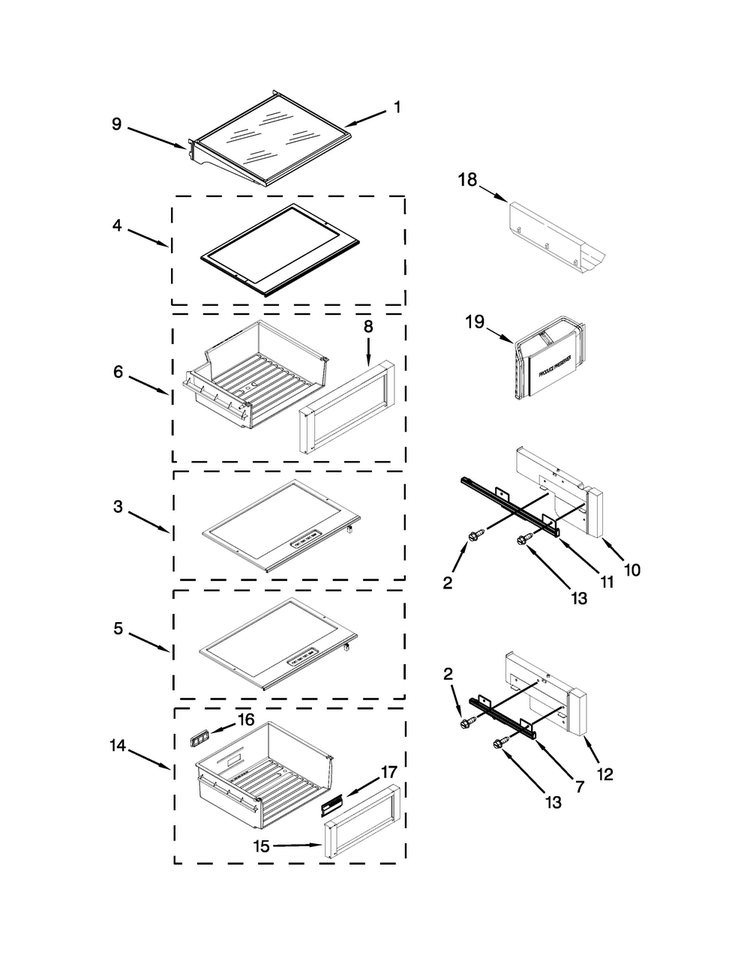 Refrigerator Shelf Parts Diagram and Parts List for JS48NXFXDE00  Jenn-Air Refrigerator