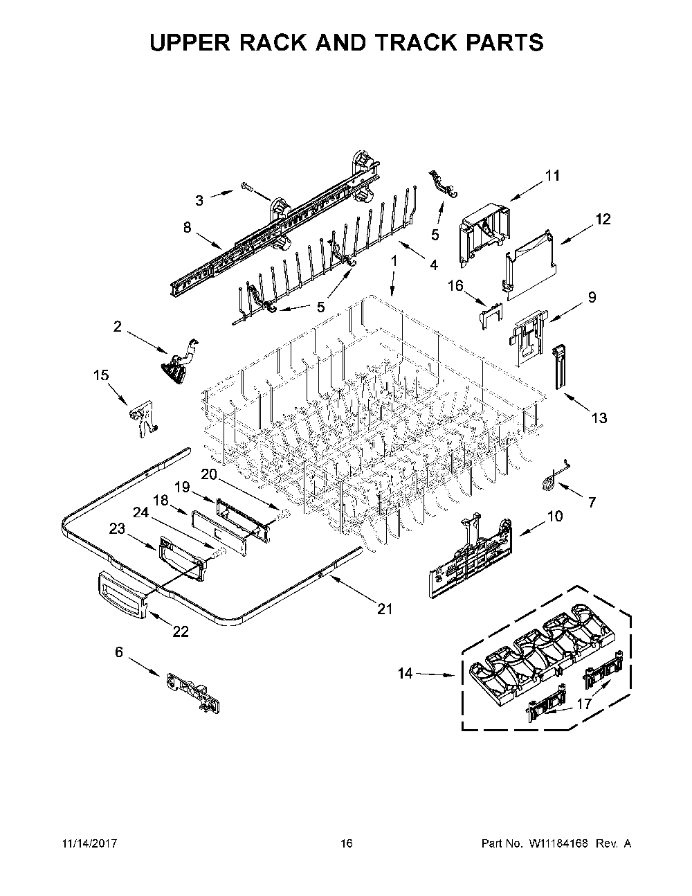Upper Rack And Track Parts Diagram and Parts List for 66512793K314  Kenmore Dishwasher