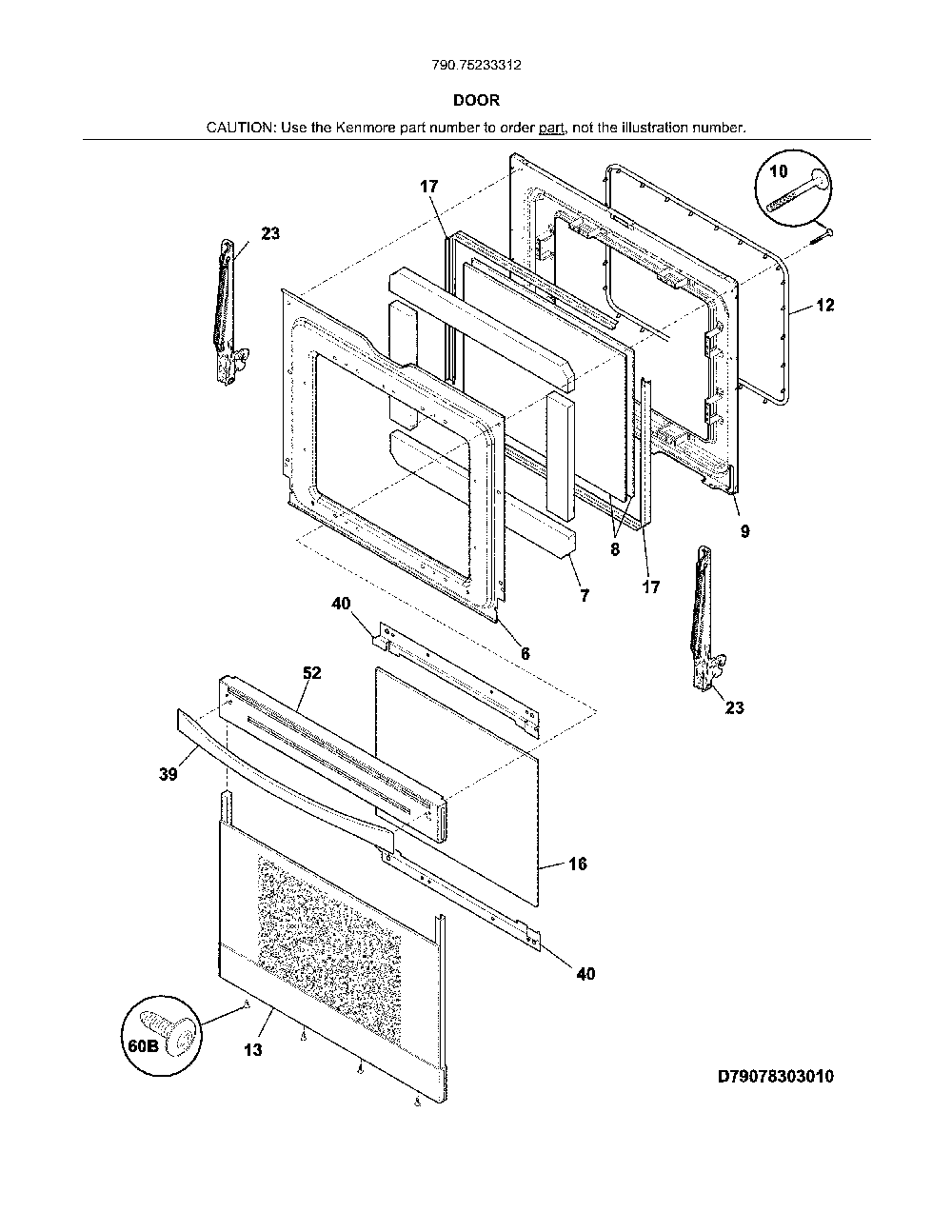 Door Diagram and Parts List for 79075233312  Kenmore Range