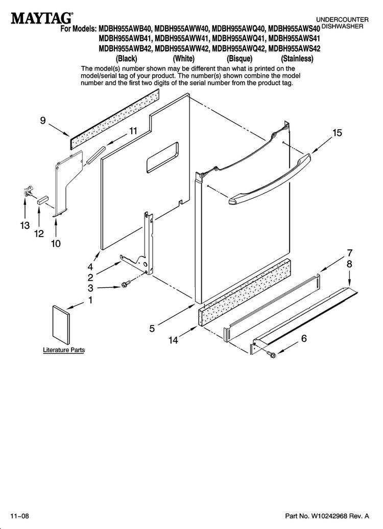Door And Panel Parts Diagram and Parts List for MDBH955AWS40  Maytag Dishwasher