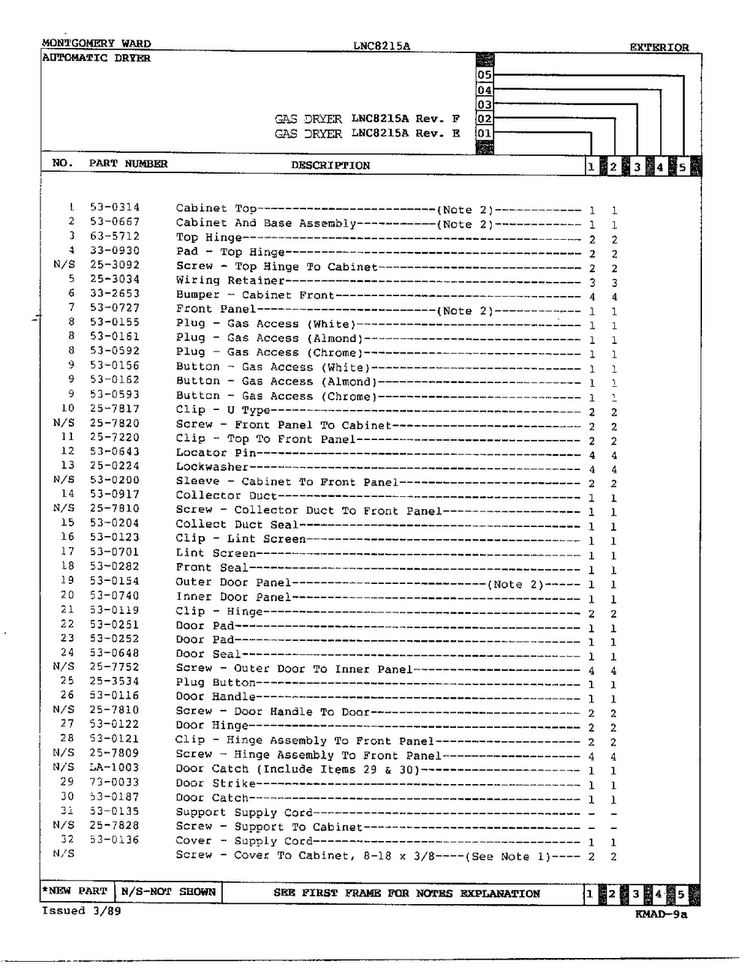 Gas Dryer/ Exterior Page 2 Diagram and Parts List for 8215A REV F Norge Dryer