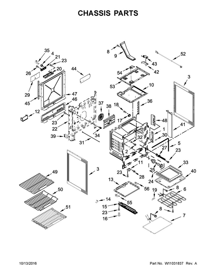 Chassis Parts Diagram and Parts List for JDS1750ES1  Jenn-Air Range