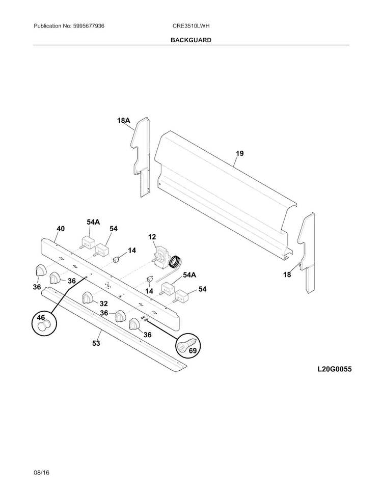 Backguard Diagram and Parts List for CRE3510LWH  Crosley Range
