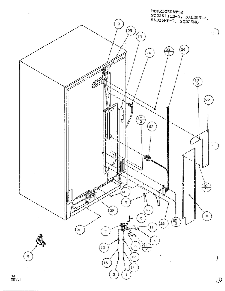 Refrigerator/vabinet Back Diagram and Parts List for SXD25MP-2  Amana Refrigerator