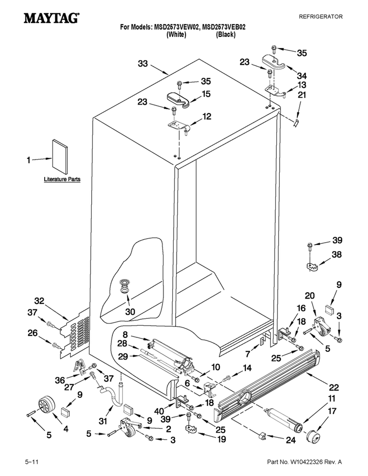 Cabinet Parts Diagram and Parts List for MSD2573VEW02  Maytag Refrigerator