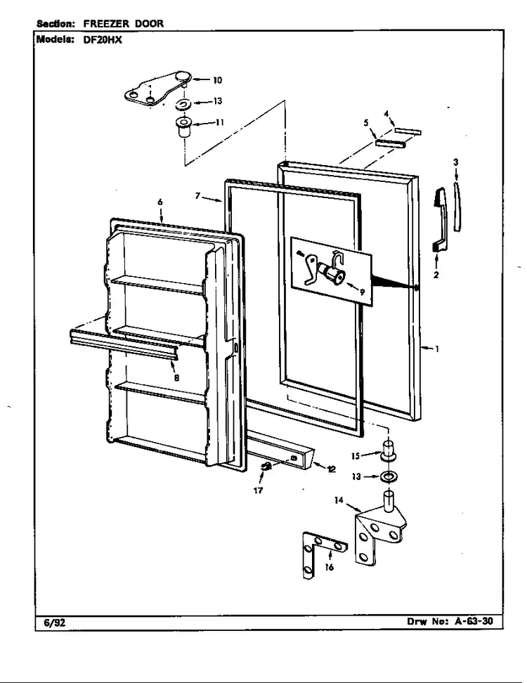 Freezer Door Diagram and Parts List for DF20HX X5Z53 Maytag Refrigerator