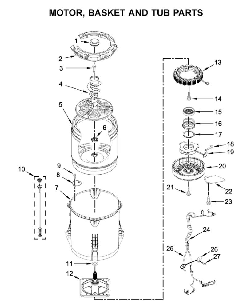 Motor, Basket And Tub Parts Diagram and Parts List for MVWB766FW2  Maytag Washer