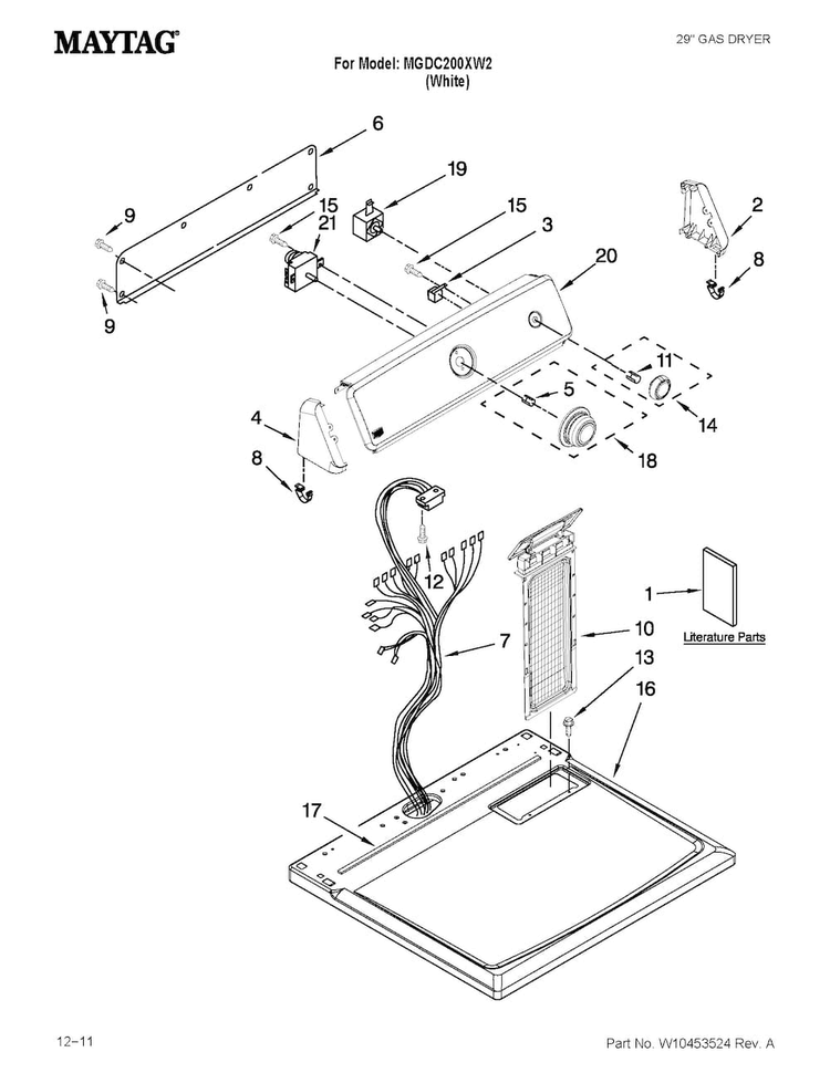 Top And Console Parts Diagram and Parts List for MGDC200XW2  Maytag Dryer