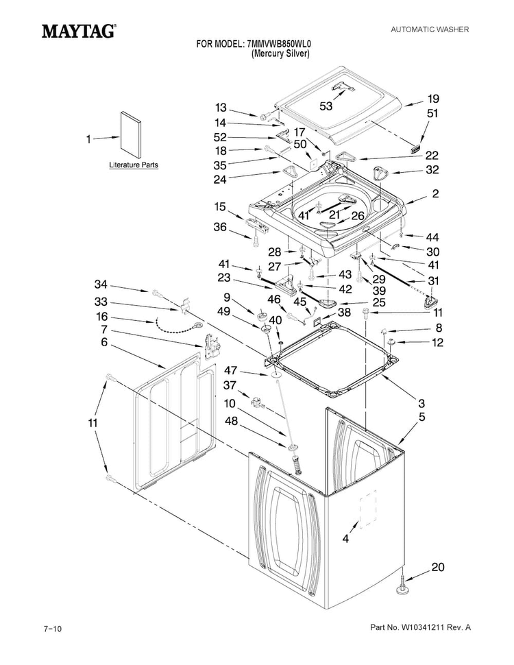 Top And Cabinet Parts Diagram and Parts List for 7MMVWB850WL0  Maytag Washer