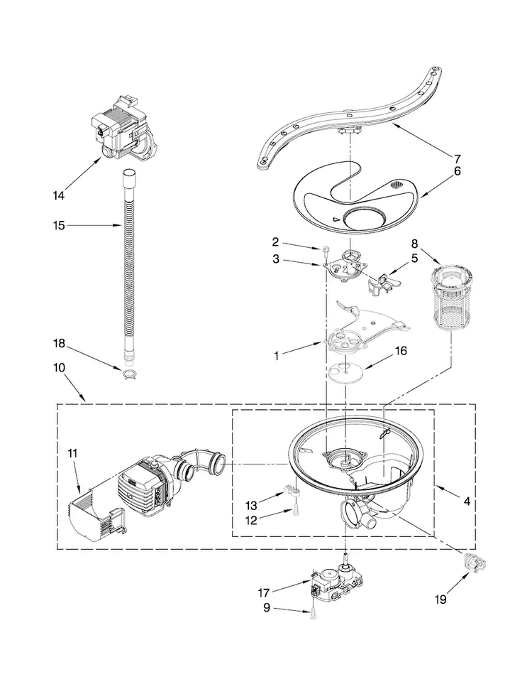 Pump, Washarm And Motor Parts Diagram and Parts List for JDB3200AWS2  Jenn-Air Dishwasher
