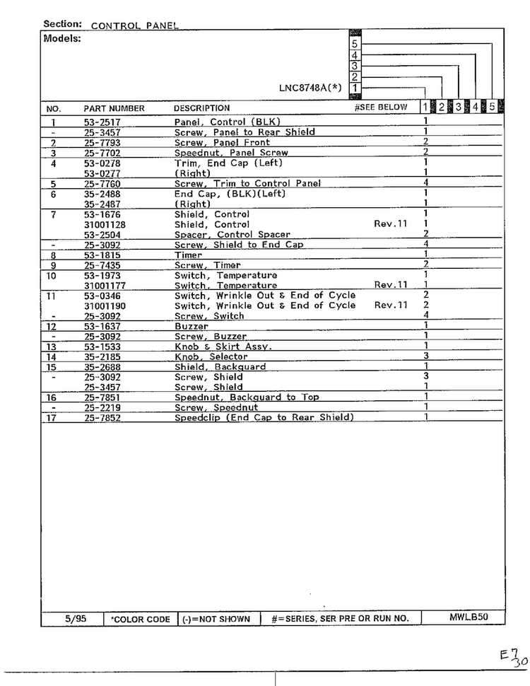 Control Panel Page 2 Diagram and Parts List for 8748A  Norge Dryer