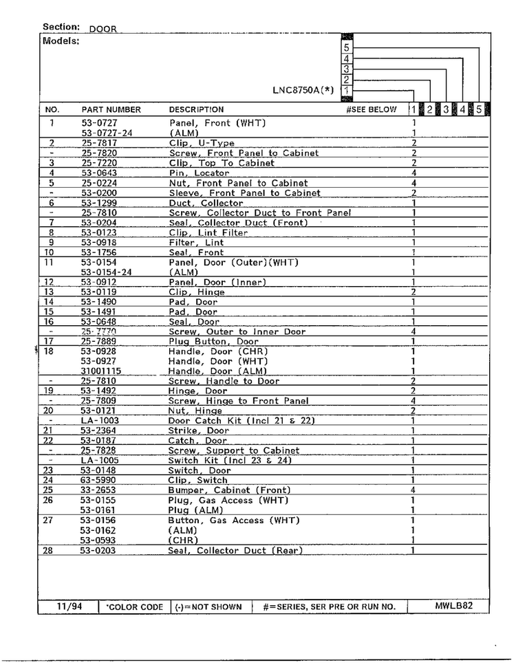 Door Page 2 Diagram and Parts List for 8750A  Norge Dryer