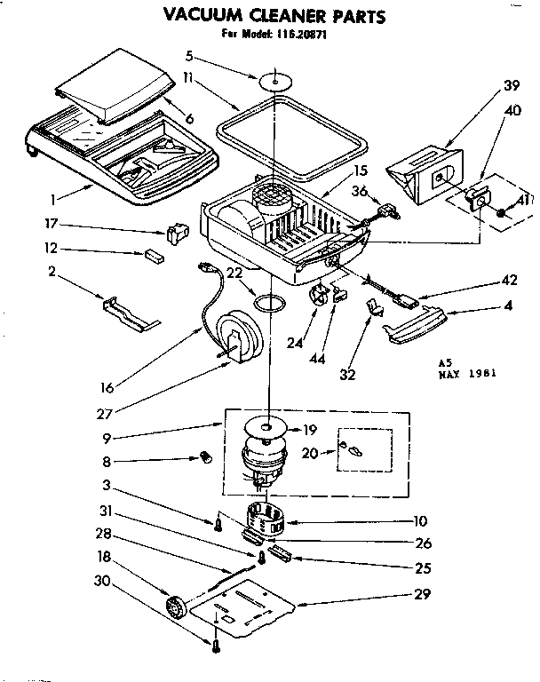 Base Assembly Diagram and Parts List for 11620871  Kenmore Canister Vacuum