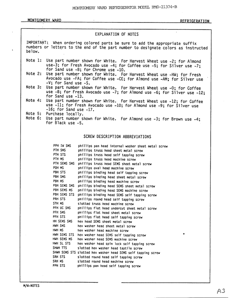 Refrigeration, Screw Description Abbreviations Diagram and Parts List for 21374A  Admiral Refrigerator