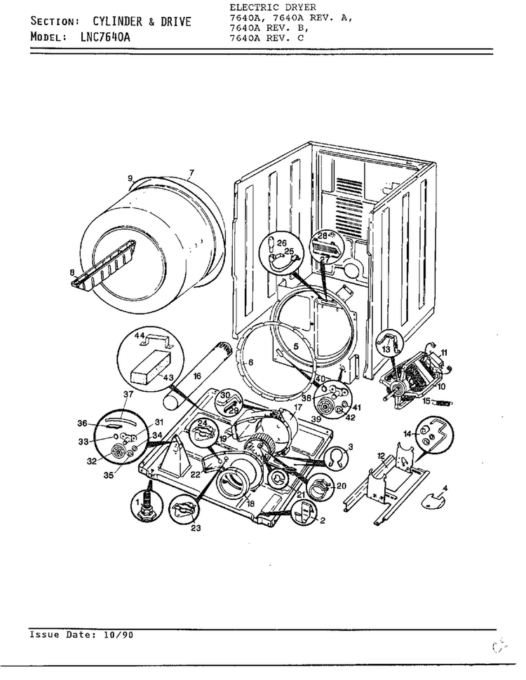 Cylinder And Drive Diagram and Parts List for 7640A REV D Norge Dryer