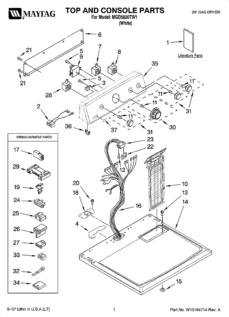 TOP AND CONSOLE PARTS Diagram and Parts List for MGD5820TW1  Maytag Dryer