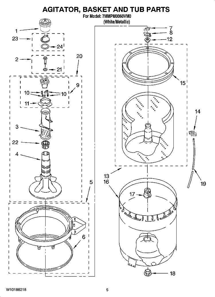 AGITATOR, BASKET AND TUB PARTS Diagram and Parts List for 7MMPM0060VM0  Maytag Washer